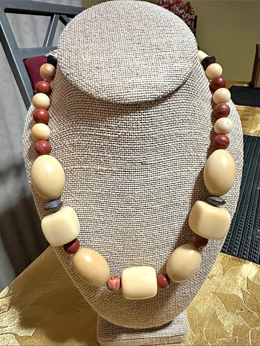 Beaded Statement Necklace in Brown & Beige Vintage
